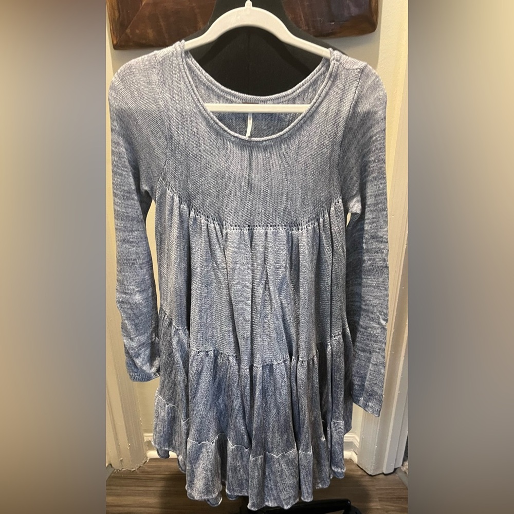 Free People Heather Blue Long Sleeve Tiered Sweater Dress